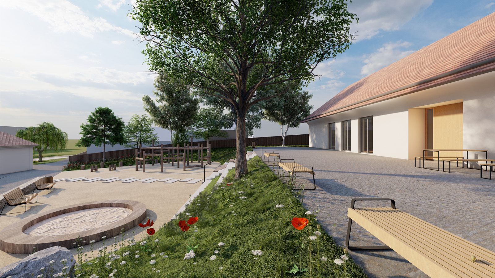 (10, 6, 'Interier_02.jpg', 'Kulturní dům', 'Zadáním soutěže bylo vytvoření nového centra vesnice s budovami kulturního/obecního domu a altánu. Současná poloha Obecního domu, tvar pozemku a jeho ohraničení komunikacemi nebylo ideální pro vytvoření nové návsi a zajištění dostatečného funkčního propojení. Proto se v návrhu uvažuje o rozdělení programu Obecního domu na program úřední (Obecní úřad) a společenský (hospoda se sálem) a umístit je do dvou samostatných budov. Obecní úřad je ponechán v budově bývalé Obecní školy. Hospoda se sálem je přesunuta do novostavby v severní části návsi, do místa, kde stával nyní již zdemolovaný historický statek. Budovy spolu komunikují a vzniká tak mezi nimi jasně definovaný prostor návsi jako společenského, kulturního a volnočasového centra obce. Přesunutím hospody a sálu dále od rušné silnice dodává společenskému životu obce doslova nový dech a zaručuje mnohem reprezentativnější prostředí. Vydlážděné okolí objektu nabízí dostatek prostoru pro konání společenských a kulturních akcí všeho druhu. V případě potřeby se mohou hospoda, sál a vydlážděný předprostor spojit v jeden fluidní funkční celek. Objekt Obecního úřadu očišťujeme od přístaveb. Tím získáváme nový průchod kolem východní fasády a přístup na náves přímo od autobusové zastávky. Architektura samotného společenského domu je jednoduchá navazující na archetyp venkovských domů. Tradiční dům se sedlovou střechou se nijak nesnaží na sebe upoutat pozornost. Pouze čtvercové okno, které jakoby procházelo skrze celý dům dává na sebe upozornit, že se jedná o současnou architekturu. Zbylý historický objekt je očištěn od přístaveb, tak aby vynikla estetika eklektického domu.', 'AS', 'Helena Sosnová, Anna Schneiderová', 'Stránecká Zhoř', '2023', 'Architektonická soutěž', None)