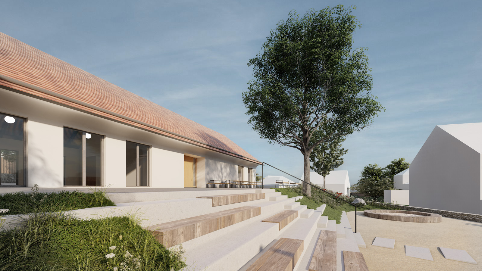 (10, 6, 'Interier_02.jpg', 'Kulturní dům', 'Zadáním soutěže bylo vytvoření nového centra vesnice s budovami kulturního/obecního domu a altánu. Současná poloha Obecního domu, tvar pozemku a jeho ohraničení komunikacemi nebylo ideální pro vytvoření nové návsi a zajištění dostatečného funkčního propojení. Proto se v návrhu uvažuje o rozdělení programu Obecního domu na program úřední (Obecní úřad) a společenský (hospoda se sálem) a umístit je do dvou samostatných budov. Obecní úřad je ponechán v budově bývalé Obecní školy. Hospoda se sálem je přesunuta do novostavby v severní části návsi, do místa, kde stával nyní již zdemolovaný historický statek. Budovy spolu komunikují a vzniká tak mezi nimi jasně definovaný prostor návsi jako společenského, kulturního a volnočasového centra obce. Přesunutím hospody a sálu dále od rušné silnice dodává společenskému životu obce doslova nový dech a zaručuje mnohem reprezentativnější prostředí. Vydlážděné okolí objektu nabízí dostatek prostoru pro konání společenských a kulturních akcí všeho druhu. V případě potřeby se mohou hospoda, sál a vydlážděný předprostor spojit v jeden fluidní funkční celek. Objekt Obecního úřadu očišťujeme od přístaveb. Tím získáváme nový průchod kolem východní fasády a přístup na náves přímo od autobusové zastávky. Architektura samotného společenského domu je jednoduchá navazující na archetyp venkovských domů. Tradiční dům se sedlovou střechou se nijak nesnaží na sebe upoutat pozornost. Pouze čtvercové okno, které jakoby procházelo skrze celý dům dává na sebe upozornit, že se jedná o současnou architekturu. Zbylý historický objekt je očištěn od přístaveb, tak aby vynikla estetika eklektického domu.', 'AS', 'Helena Sosnová, Anna Schneiderová', 'Stránecká Zhoř', '2023', 'Architektonická soutěž', None)