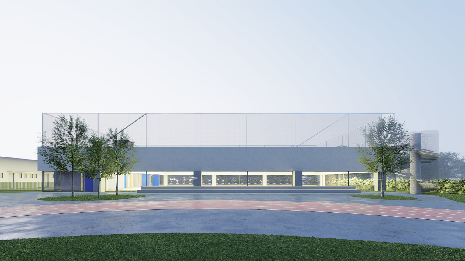 (11, 6, 'Situce.jpg', 'Návrh tělocvičny ZŠ Křižná', 'Zadáním soutěže byl návrh sportovní haly pro potřeby základní školy a také veřejnosti města Valašské Meziříčí. Hlavní myšlenkou byl respekt k původnímu objektu školy a návaznost na architektonické pojetí tohoto typu architektury. Navržená sportovní hala je umístěna tak, aby respektovala pavilónový prostorový koncept školy včetně možnosti průchodu suchou nohou pro děti. Je situována východně od školy, hrana objektu je na hraně vstupu školy – jde o podobně významnou veřejnou stavbu. Díky jejímu vysunutí k ulici je zachován poměrně velkorysý a ucelený prostor zahrady školy. Pro harmonické hmotové zapojení do školního areálu je tělocvična zapuštěna do terénu. Sportovní hala je integrální součástí vnitřního provozu školy, ale přitom je umístěna tak, aby mohla fungovat zcela autonomně. Hala je zpřístupněna skrze nejvýchodněji položený pavilon školy – jídelnu. Forma domu je silně ovlivněna nosným systémem, jde o estetizaci nutného. Zahloubenou jámu hřiště překrývá betonová střecha podepřená silnými sloupy, jejichž umístění vychází z vnitřní logiky prostor, možností dělení hřiště. Díky zapuštění má hřiště ideální osvětlení – to je z výšky. Interiéry přiznávají svou materiálovou podstatu v čiré pravdivosti – v betonu. Exteriér haly tvoří hrubý beton – na silných podporách, sklo a broušená omítka – na zateplení. Celá střecha slouží jako sportoviště.', 'AS', 'Helena Sosnová, Vojtěch Sosna', 'Valašské Meziříčí', '2024', 'Architektonická soutěž', None)