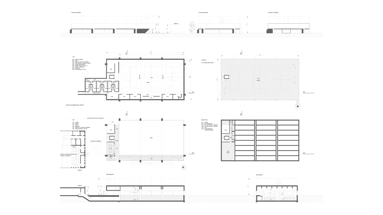 (11, 6, 'Situce.jpg', 'Návrh tělocvičny ZŠ Křižná', 'Zadáním soutěže byl návrh sportovní haly pro potřeby základní školy a také veřejnosti města Valašské Meziříčí. Hlavní myšlenkou byl respekt k původnímu objektu školy a návaznost na architektonické pojetí tohoto typu architektury. Navržená sportovní hala je umístěna tak, aby respektovala pavilónový prostorový koncept školy včetně možnosti průchodu suchou nohou pro děti. Je situována východně od školy, hrana objektu je na hraně vstupu školy – jde o podobně významnou veřejnou stavbu. Díky jejímu vysunutí k ulici je zachován poměrně velkorysý a ucelený prostor zahrady školy. Pro harmonické hmotové zapojení do školního areálu je tělocvična zapuštěna do terénu. Sportovní hala je integrální součástí vnitřního provozu školy, ale přitom je umístěna tak, aby mohla fungovat zcela autonomně. Hala je zpřístupněna skrze nejvýchodněji položený pavilon školy – jídelnu. Forma domu je silně ovlivněna nosným systémem, jde o estetizaci nutného. Zahloubenou jámu hřiště překrývá betonová střecha podepřená silnými sloupy, jejichž umístění vychází z vnitřní logiky prostor, možností dělení hřiště. Díky zapuštění má hřiště ideální osvětlení – to je z výšky. Interiéry přiznávají svou materiálovou podstatu v čiré pravdivosti – v betonu. Exteriér haly tvoří hrubý beton – na silných podporách, sklo a broušená omítka – na zateplení. Celá střecha slouží jako sportoviště.', 'AS', 'Helena Sosnová, Vojtěch Sosna', 'Valašské Meziříčí', '2024', 'Architektonická soutěž', None)