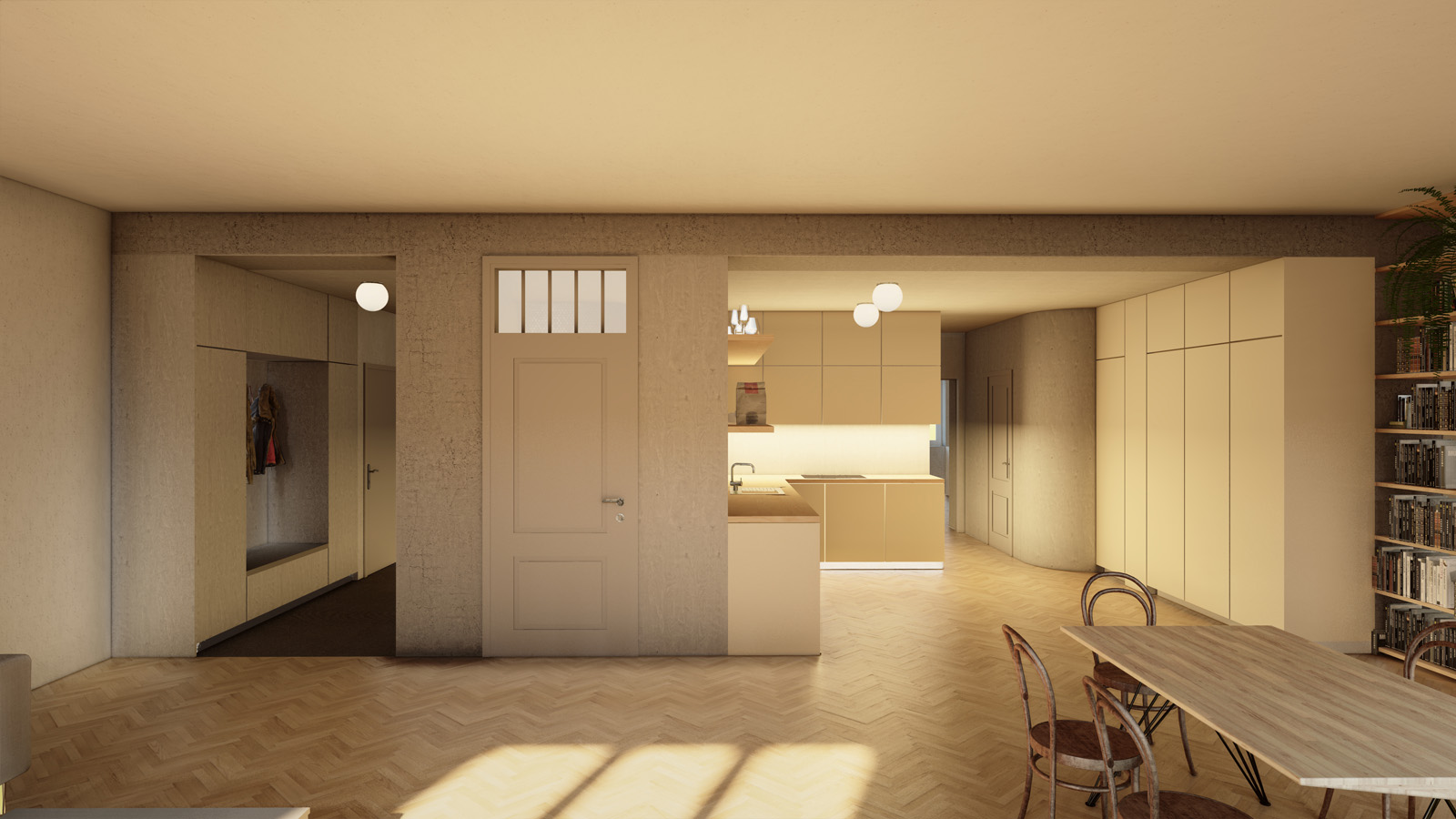 (15, 6, 'Pudorys_01.jpg', 'Přestavba bytu', 'Zadáním návrhu byla rekonstrukce bytu v žádané pražské čtvrti. Byt z 30. let minulého století měl velkou výhodu ve svém nosném systému. Železobetonový skeletový systém umožňoval odstranit stávající příčky a dispozici uzpůsobit potřebám 21. století. Základem návrhu se stal požadavek na snadnou proměnu bytu z velkorysého 2kk na 3kk, pro potřeby budoucí rodiny. Orientace bytu sever/jih, pozice oken a rozložení obytných a ložnicových prostor definovala rozložení celého bytu. Zbylé prostory byly věnovány zázemí bytu. Veškeré zázemí je rámováno mezi betonové průvlaky a sloupy a je barevně tónováno do šedých odstínů, tak aby vyniklo umění a osobní předměty majitele. Původní kvalitní prvky, jako jsou dveře, kování a parkety byly znovu použity, tak aby nezmizela historická stopa architektury 30. let. Barevná střídmost interiéru byla narušena výraznými barvami v zázemí bytu.', 'A', 'Helena Sosnová', 'Praha', '2025', 'Architektonická studie', None)