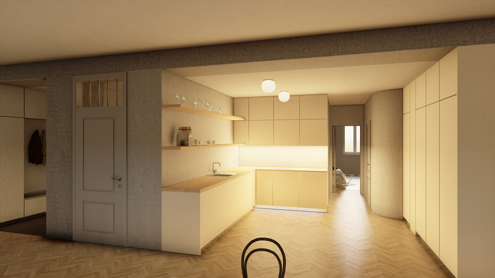 (15, 6, 'Pudorys_01.jpg', 'Přestavba bytu', 'Zadáním návrhu byla rekonstrukce bytu v žádané pražské čtvrti. Byt z 30. let minulého století měl velkou výhodu ve svém nosném systému. Železobetonový skeletový systém umožňoval odstranit stávající příčky a dispozici uzpůsobit potřebám 21. století. Základem návrhu se stal požadavek na snadnou proměnu bytu z velkorysého 2kk na 3kk, pro potřeby budoucí rodiny. Orientace bytu sever/jih, pozice oken a rozložení obytných a ložnicových prostor definovala rozložení celého bytu. Zbylé prostory byly věnovány zázemí bytu. Veškeré zázemí je rámováno mezi betonové průvlaky a sloupy a je barevně tónováno do šedých odstínů, tak aby vyniklo umění a osobní předměty majitele. Původní kvalitní prvky, jako jsou dveře, kování a parkety byly znovu použity, tak aby nezmizela historická stopa architektury 30. let. Barevná střídmost interiéru byla narušena výraznými barvami v zázemí bytu.', 'A', 'Helena Sosnová', 'Praha', '2025', 'Architektonická studie', None)