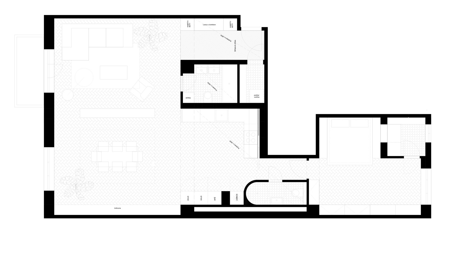 (15, 6, 'Pudorys_01.jpg', 'Přestavba bytu', 'Zadáním návrhu byla rekonstrukce bytu v žádané pražské čtvrti. Byt z 30. let minulého století měl velkou výhodu ve svém nosném systému. Železobetonový skeletový systém umožňoval odstranit stávající příčky a dispozici uzpůsobit potřebám 21. století. Základem návrhu se stal požadavek na snadnou proměnu bytu z velkorysého 2kk na 3kk, pro potřeby budoucí rodiny. Orientace bytu sever/jih, pozice oken a rozložení obytných a ložnicových prostor definovala rozložení celého bytu. Zbylé prostory byly věnovány zázemí bytu. Veškeré zázemí je rámováno mezi betonové průvlaky a sloupy a je barevně tónováno do šedých odstínů, tak aby vyniklo umění a osobní předměty majitele. Původní kvalitní prvky, jako jsou dveře, kování a parkety byly znovu použity, tak aby nezmizela historická stopa architektury 30. let. Barevná střídmost interiéru byla narušena výraznými barvami v zázemí bytu.', 'A', 'Helena Sosnová', 'Praha', '2025', 'Architektonická studie', None)