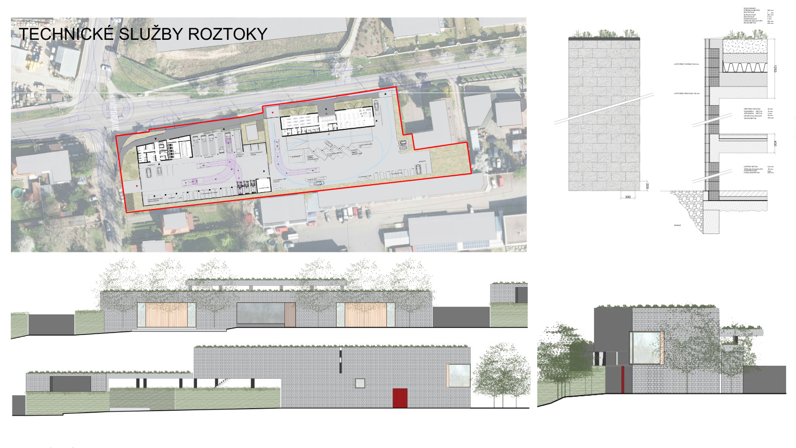 (16, 6, '06.jpg', 'Sběrný dvůr a technické služby', 'Návrh stavby vychází z principů jednoduchosti, trvanlivosti a citlivého zapojení do prostředí. Celý program byl fragmentován do více hmot, aby se lépe začlenil do struktury okolních rodinných domů. Hlavní osa řešení ctí veřejný prostor obce, zatímco jednotlivé domy ustupují do pozadí. Areál zahrnuje kromě sběrného dvora také re-use centrum a komunitní šatník, které rozšiřují funkci místa směrem k veřejnosti a oživují prostor Lidické ulice. Architektonické řešení pracuje s dvojicí rovnoběžných hmot, které sloužíjako parkovací přístřešky, a s nárožní částí se šatnami, administrativou a byty. Dispozice je prostorově bohatá, doplněná o zasedací místnost s výhledem. Lineární provozní schéma sběrného dvora umožňuje jasný a přehledný pohyb – od vjezdu přes rampu až po výjezd. Vstupy do re-use centra, kavárny a komunitního šatníku jsou orientovány do ulice a podporují sociální interakci. Materiálově se návrh opírá o betonové tvárnice s integrovanou izolací, které zajišťují odolnost vůči náročnému provozu. Veškeré vodorovné konstrukce jsou betonové, což přispívá k dlouhé životnosti stavby. Ekologický aspekt je posílen vegetačními střechami s mocností až 100 cm, které dokáží zadržet značné množství dešťové vody a eliminovat vznik tepelného ostrova. Energetická koncepce počítá s tepelnými čerpadly, solární elektrárnou a rekuperací vzduchu. Celé řešení tak spojuje robustnost a praktičnost s ohledem k udržitelnosti a kvalitě veřejného prostoru.', 'S', 'Helena Sosnová, Vojtěch Sosna', 'Praha Letná', '2025', 'Architektonická soutěž', None)