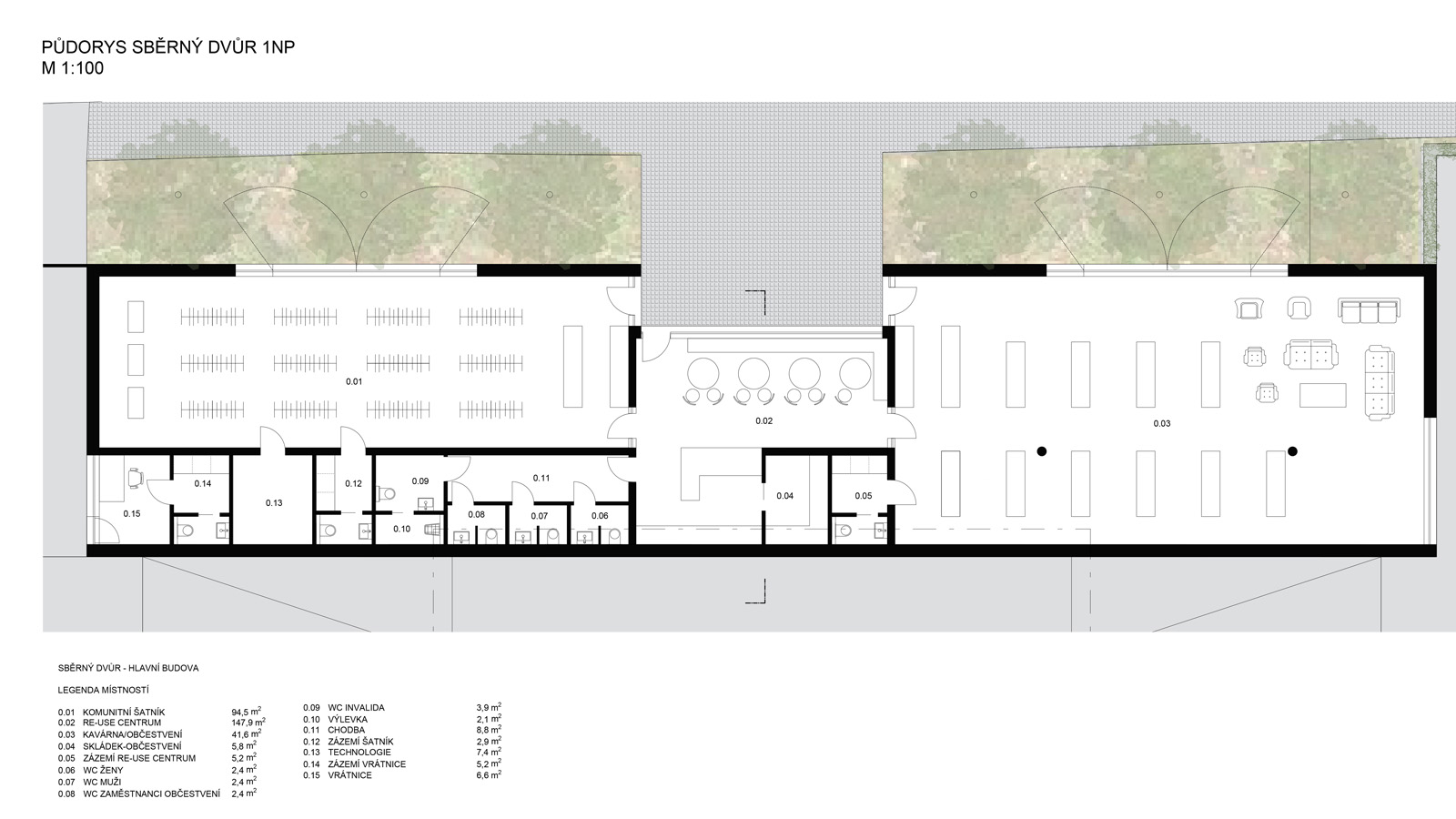 (16, 6, '06.jpg', 'Sběrný dvůr a technické služby', 'Návrh stavby vychází z principů jednoduchosti, trvanlivosti a citlivého zapojení do prostředí. Celý program byl fragmentován do více hmot, aby se lépe začlenil do struktury okolních rodinných domů. Hlavní osa řešení ctí veřejný prostor obce, zatímco jednotlivé domy ustupují do pozadí. Areál zahrnuje kromě sběrného dvora také re-use centrum a komunitní šatník, které rozšiřují funkci místa směrem k veřejnosti a oživují prostor Lidické ulice. Architektonické řešení pracuje s dvojicí rovnoběžných hmot, které sloužíjako parkovací přístřešky, a s nárožní částí se šatnami, administrativou a byty. Dispozice je prostorově bohatá, doplněná o zasedací místnost s výhledem. Lineární provozní schéma sběrného dvora umožňuje jasný a přehledný pohyb – od vjezdu přes rampu až po výjezd. Vstupy do re-use centra, kavárny a komunitního šatníku jsou orientovány do ulice a podporují sociální interakci. Materiálově se návrh opírá o betonové tvárnice s integrovanou izolací, které zajišťují odolnost vůči náročnému provozu. Veškeré vodorovné konstrukce jsou betonové, což přispívá k dlouhé životnosti stavby. Ekologický aspekt je posílen vegetačními střechami s mocností až 100 cm, které dokáží zadržet značné množství dešťové vody a eliminovat vznik tepelného ostrova. Energetická koncepce počítá s tepelnými čerpadly, solární elektrárnou a rekuperací vzduchu. Celé řešení tak spojuje robustnost a praktičnost s ohledem k udržitelnosti a kvalitě veřejného prostoru.', 'S', 'Helena Sosnová, Vojtěch Sosna', 'Praha Letná', '2025', 'Architektonická soutěž', None)