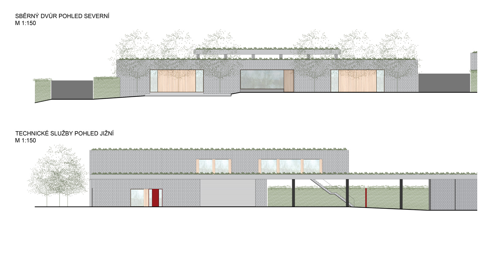(16, 6, '06.jpg', 'Sběrný dvůr a technické služby', 'Návrh stavby vychází z principů jednoduchosti, trvanlivosti a citlivého zapojení do prostředí. Celý program byl fragmentován do více hmot, aby se lépe začlenil do struktury okolních rodinných domů. Hlavní osa řešení ctí veřejný prostor obce, zatímco jednotlivé domy ustupují do pozadí. Areál zahrnuje kromě sběrného dvora také re-use centrum a komunitní šatník, které rozšiřují funkci místa směrem k veřejnosti a oživují prostor Lidické ulice. Architektonické řešení pracuje s dvojicí rovnoběžných hmot, které sloužíjako parkovací přístřešky, a s nárožní částí se šatnami, administrativou a byty. Dispozice je prostorově bohatá, doplněná o zasedací místnost s výhledem. Lineární provozní schéma sběrného dvora umožňuje jasný a přehledný pohyb – od vjezdu přes rampu až po výjezd. Vstupy do re-use centra, kavárny a komunitního šatníku jsou orientovány do ulice a podporují sociální interakci. Materiálově se návrh opírá o betonové tvárnice s integrovanou izolací, které zajišťují odolnost vůči náročnému provozu. Veškeré vodorovné konstrukce jsou betonové, což přispívá k dlouhé životnosti stavby. Ekologický aspekt je posílen vegetačními střechami s mocností až 100 cm, které dokáží zadržet značné množství dešťové vody a eliminovat vznik tepelného ostrova. Energetická koncepce počítá s tepelnými čerpadly, solární elektrárnou a rekuperací vzduchu. Celé řešení tak spojuje robustnost a praktičnost s ohledem k udržitelnosti a kvalitě veřejného prostoru.', 'S', 'Helena Sosnová, Vojtěch Sosna', 'Praha Letná', '2025', 'Architektonická soutěž', None)