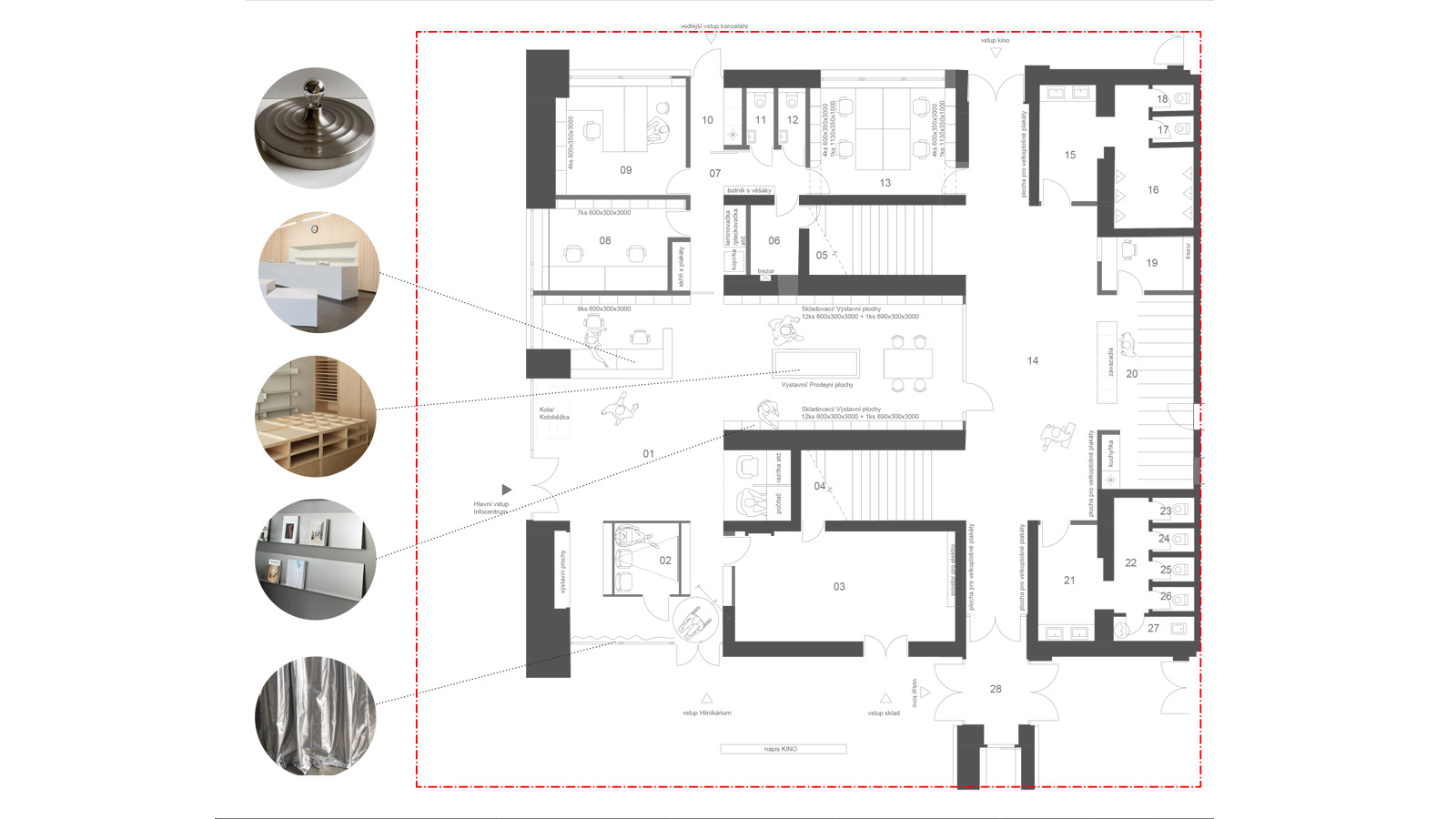 (19, 6, '06.jpg', 'Infocentrum města Humpolec (Helena Sosnová pro Atelier Bod architekti)', 'Infocentrum je navrženo jako přirozená součást veřejného prostoru – ne jen jako služba, ale jako kulturní a společenský uzel pro místní i návštěvníky. Je otevřené, přívětivé a vizuálně propojené s městským kinem, kavárnou i probíhající projekcí. Stává se tak vstupní branou k širším kulturním zážitkům. Návrh respektuje původní architekturu budovy a pracuje s jejím hlavním motivem – symetrií. Tu přenáší i do nového dispozičního řešení. Zvětšené prosklení směrem do Husovy ulice zdůrazňuje transparentnost a dostupnost služeb. Přízemí tvoří informační pult propojený s prodejní a výstavní plochou. Zázemí (kanceláře, kuchyňka, toalety, sklad) je rozšířeno a logicky navazuje na infocentrum i kino. Součástí je také prostor pro výstavu "Hliníkária". Pokladna kina je nově přesunuta do prostoru šaten. Vestavěný nábytek s úložnými funkcemi minimalizuje potřebu dalších skladů. Interiér vychází z místního kontextu – zachována je původní dlažba, osvětlení odkazuje na atmosféru kinosálu. Dominantním materiálem je hliník, zvolený pro svou čistotu i symbolický význam. Odkazuje na známou repliku z filmu Marečku, podejte mi pero!, která spojila Humpolec s postavou Hliníka. Motiv dodává prostoru lehkost a nadhled a posouvá infocentrum od pouhé funkce k místu s vlastním příběhem.', 'AI', 'Helena Sosnová, Vojtěch Sosna', 'Humpolec', '2025', 'Architektonická studie', None)