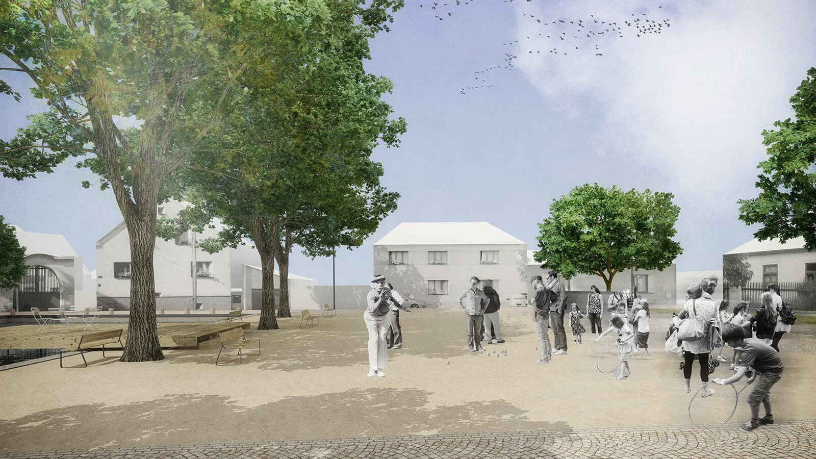 (2, 6, 'Exterier_06.jpg', 'Revitalizace historického jádra obce Tetín', 'Návrh se snaží akcentovat všechny silné stránky vesnice a naopak potlačit ty slabé. Největším prostorovým problémem je umístění rodinného domku na návsi. Původní stavba zde stála snad už před sto lety a postupně do návsi vrůstala a byla přestavována a nakonec i oplocena. Dům má zcela výsadní významové postavení, protože mu bylo dovoleno stát na návsi, tomu bohužel už neodpovídá způsob jeho využívání a architektura. Samotné gesto postavit dům do středu veřejného prostranství je troufalé i když není až tak neobvyklé, obhajitelné je však jen v případě, pokud jde o dům pro obec, tedy o radnici, školu nebo kostel… Dům je navíc vizuální protiváhou zámku, v čemž nemůže obstát. Je i pohledovou clonou na chrámový okrsek – na kostely sv. Kateřiny a Ludmily. Nevhodně se staví k návsi/k náměstí, nestojí na její/jeho hraně, ale má před sebou pruh zeleně. Je zcela nevhodně oplocen, měl by být obehnán zídkou nebo jednoduchým dřevěným plotem. Dům je ale soukromým vlastnictvím a obec nemůže počítat s jeho vykoupením a demolicí. Celý návrh je proto rozdělen do dvou velkých etap. První etapa může být realizována hned, druhá je výhledová na horizont 50-ti let a více let. Může, ale nemusí být realizována po vykoupení a po demolici domu. Podoba veřejných prostranství by se měla navrhovat na delší časový horizont determinována nejen možným, ale i ideálním.', 'US', 'Helena Sosnová (Suchá), Vojtěch Sosna, Karel Filsak, Jakub Straka', 'Tetín', '2015', 'Architektonická soutěž', '4. místo v\xa0soutěži')